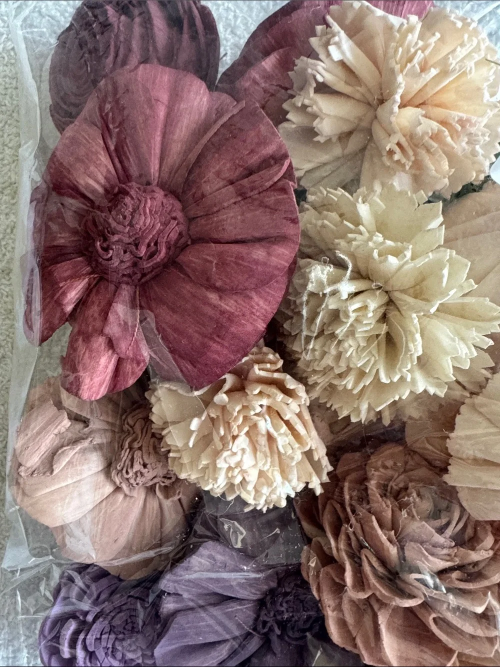 Sola Wood Flowers Decorative Assortment Cream, Brown & Burgundy Flowers 25 Pack